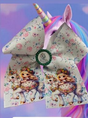 Hand Crafted White Floral Unicorn Kids Hair Bow with Green Center
